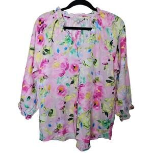 Hester & Orchard Linen Blend Pink Floral Top 3/4 Sleeve Button Up Womens Sz S